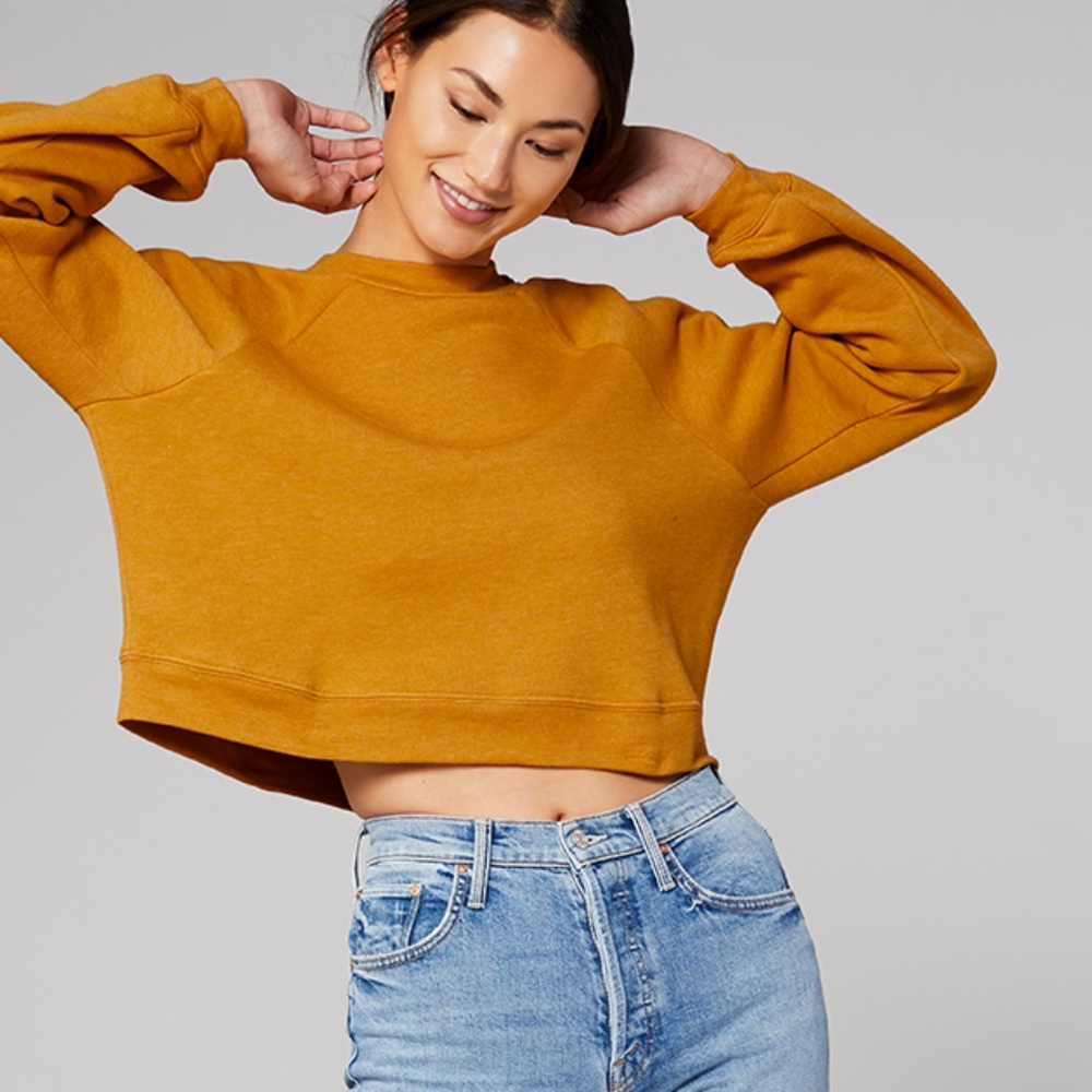 Spicy-Mustard Cropped Crew Cotton Fleece Pullover